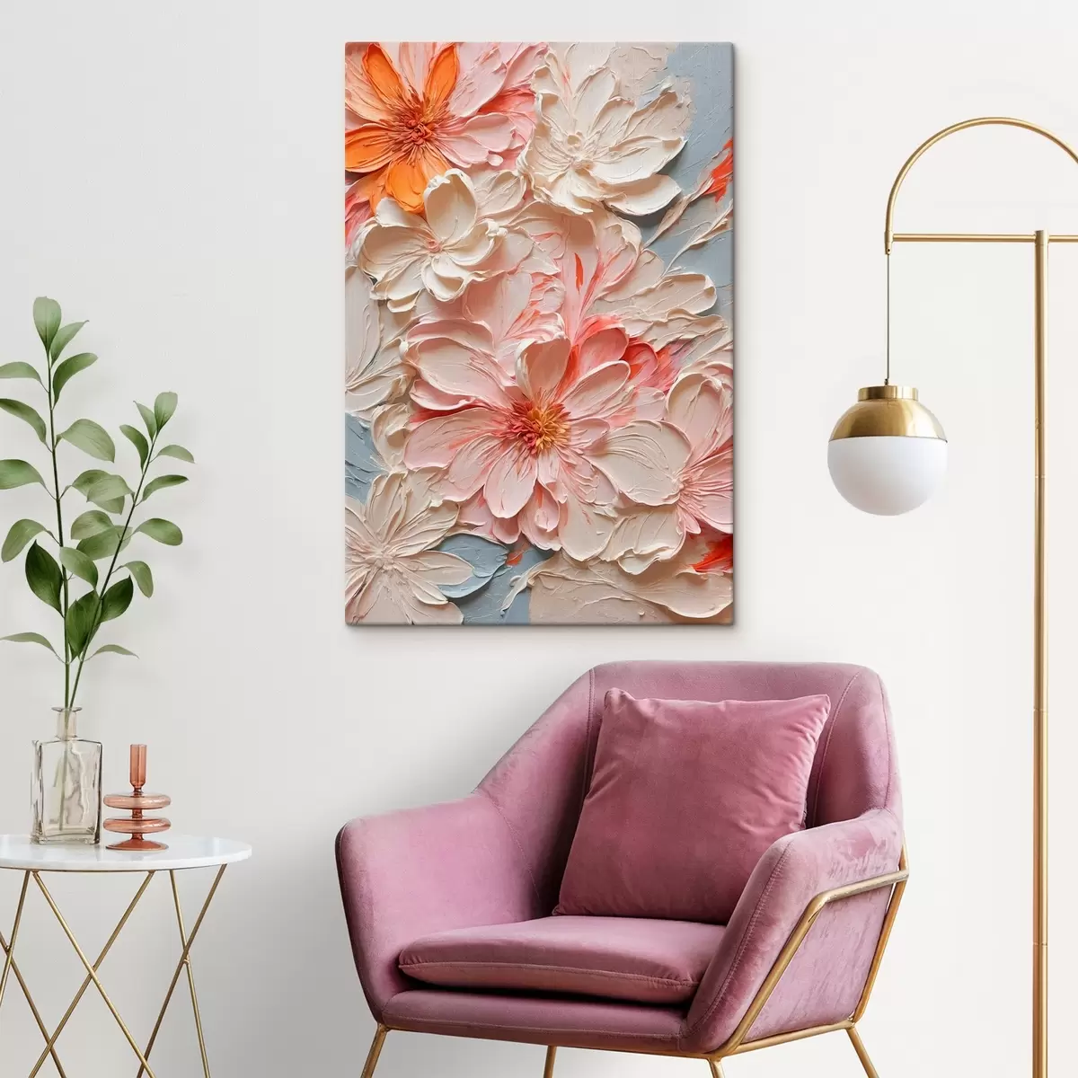 murales de pared Flores blancas y rosas sobre fondo azul al óleo s44074