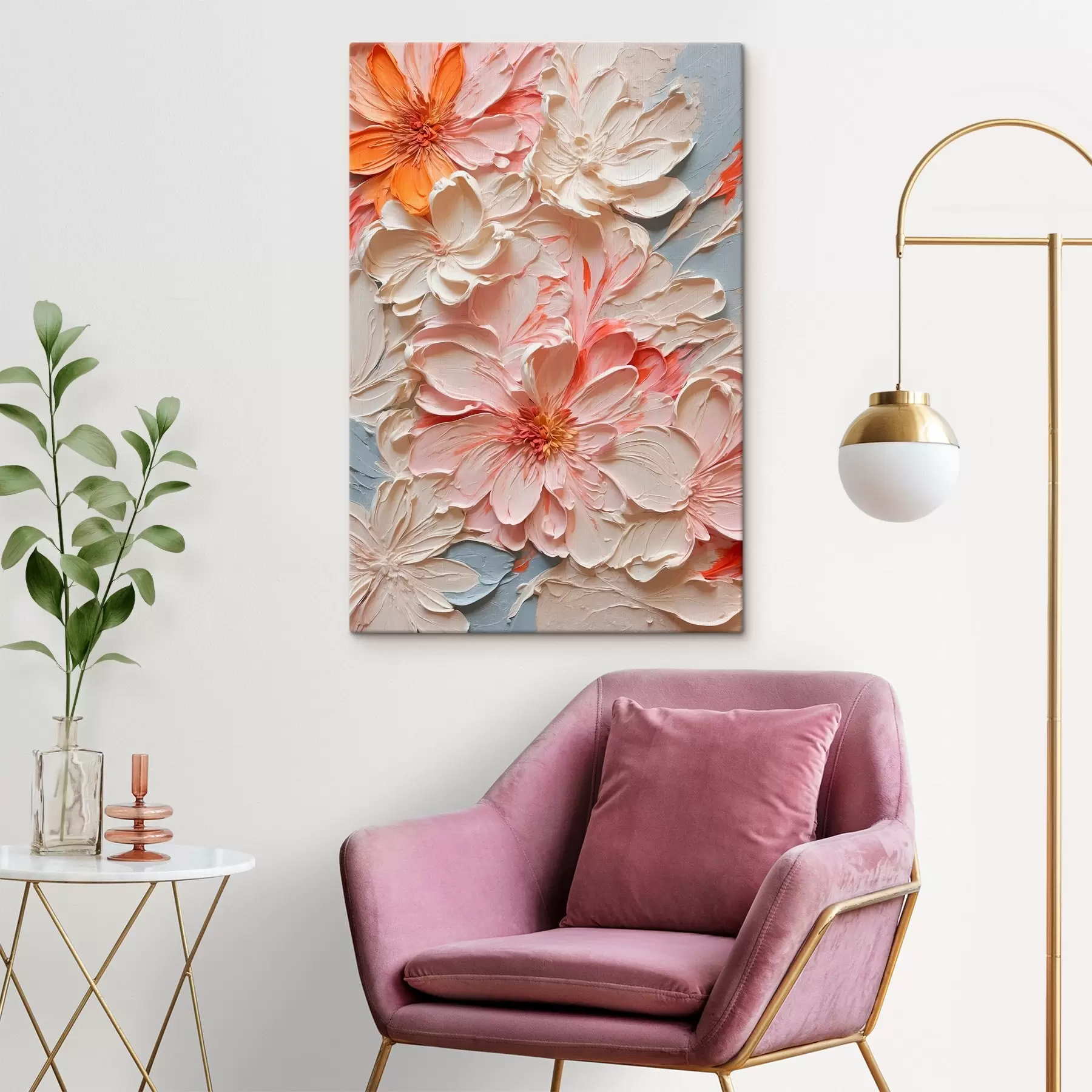 murales de pared Flores blancas y rosas sobre fondo azul al óleo s44074