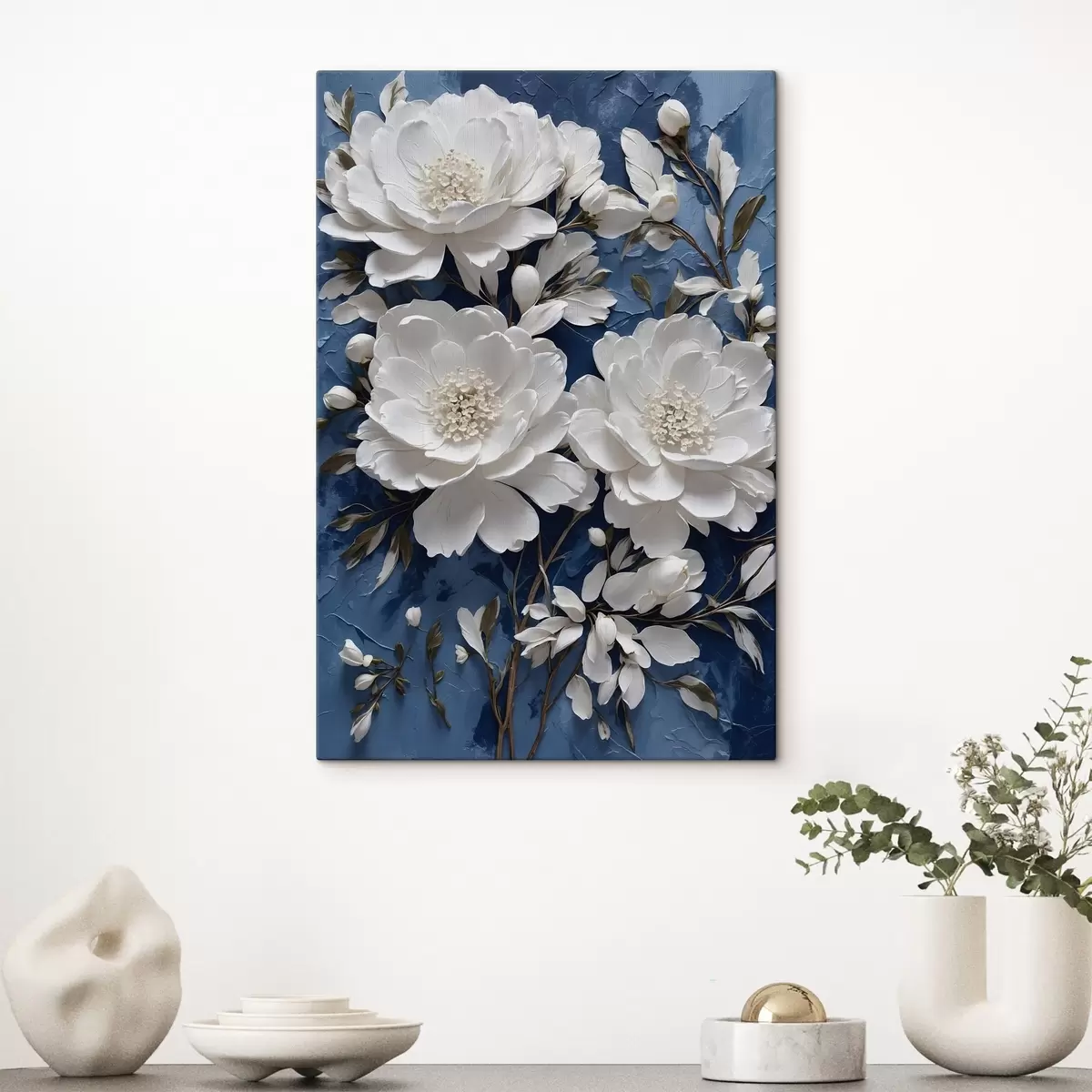 murales de pared Flores blancas sobre fondo azul al óleo s44091