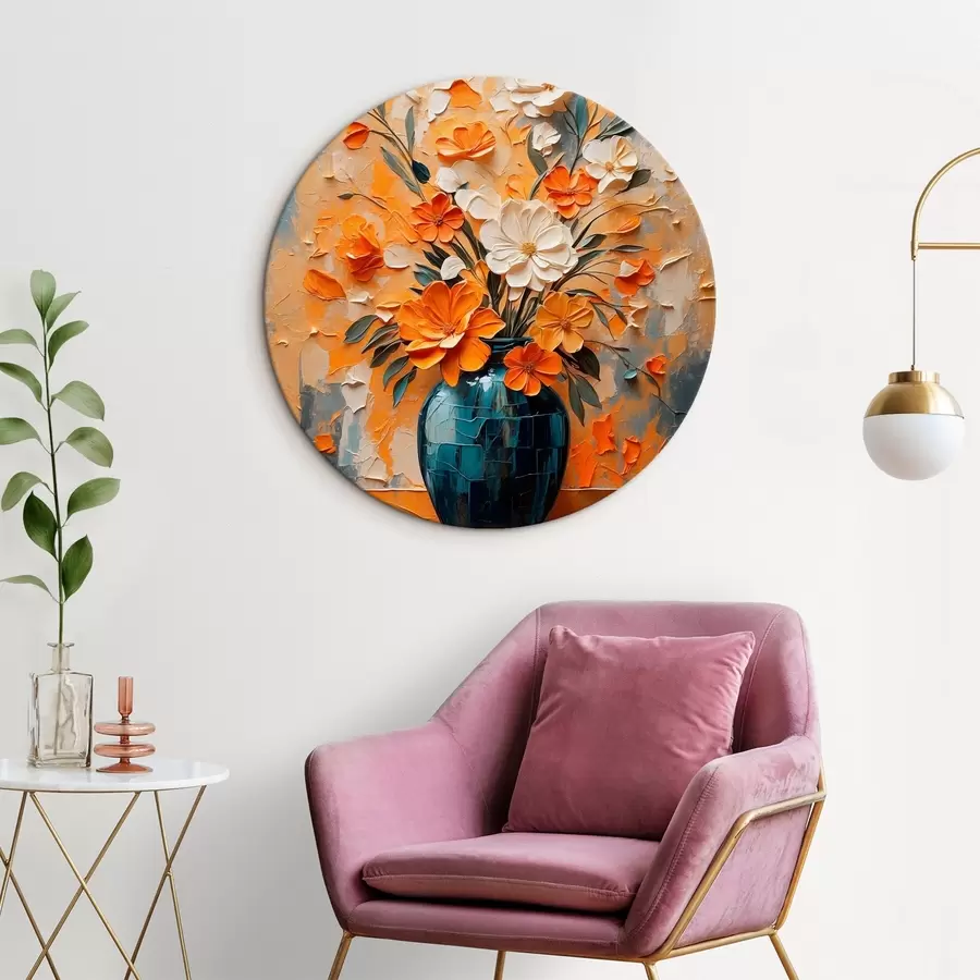 murales de pared Flores blancas y naranjas en jarrón al óleo r44059