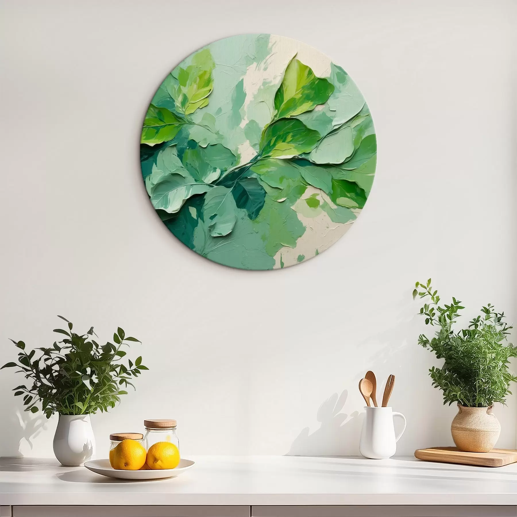 murales de pared Rama con hojas verdes al óleo r44075