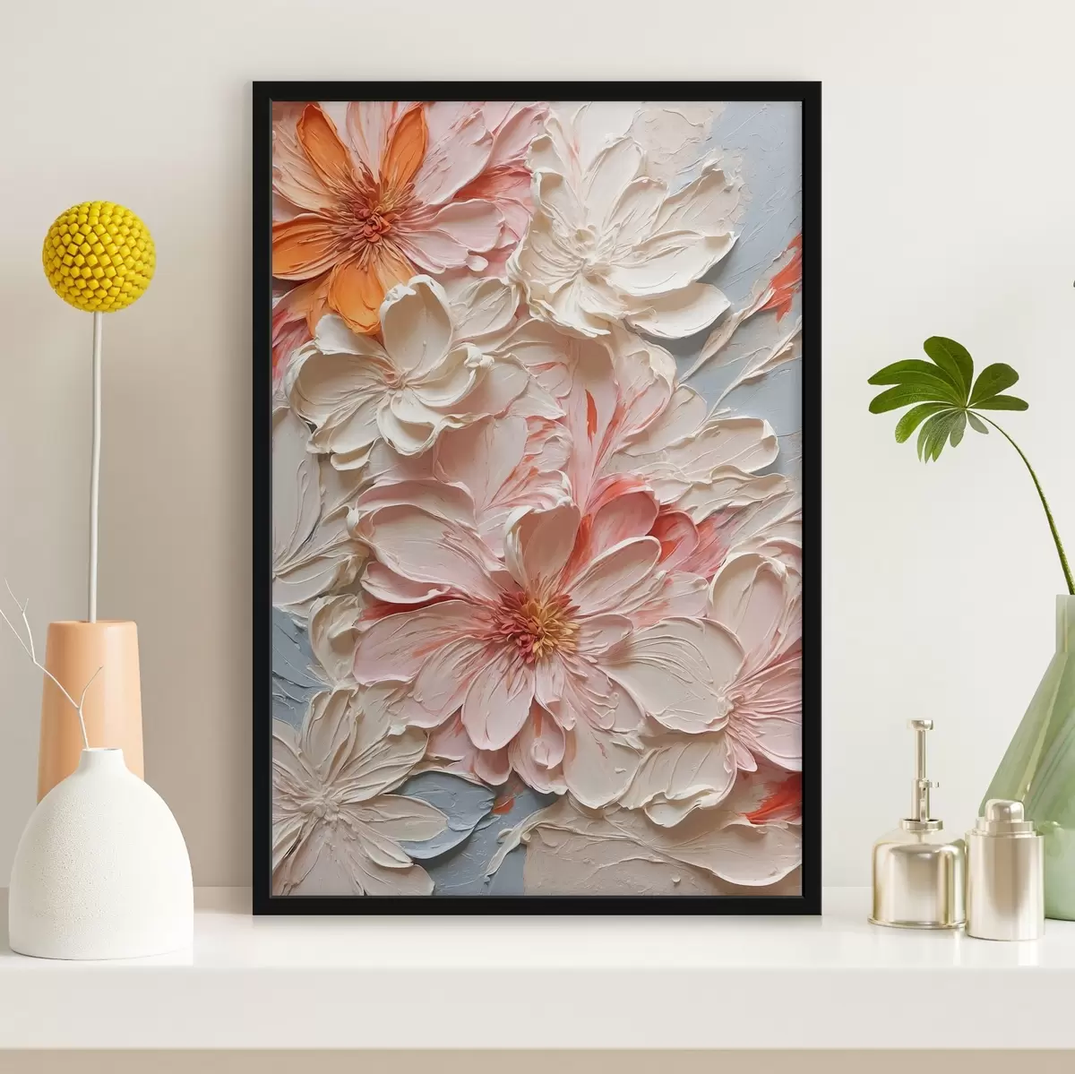 Poster Flores blancas y rosas sobre fondo azul al óleo f44074