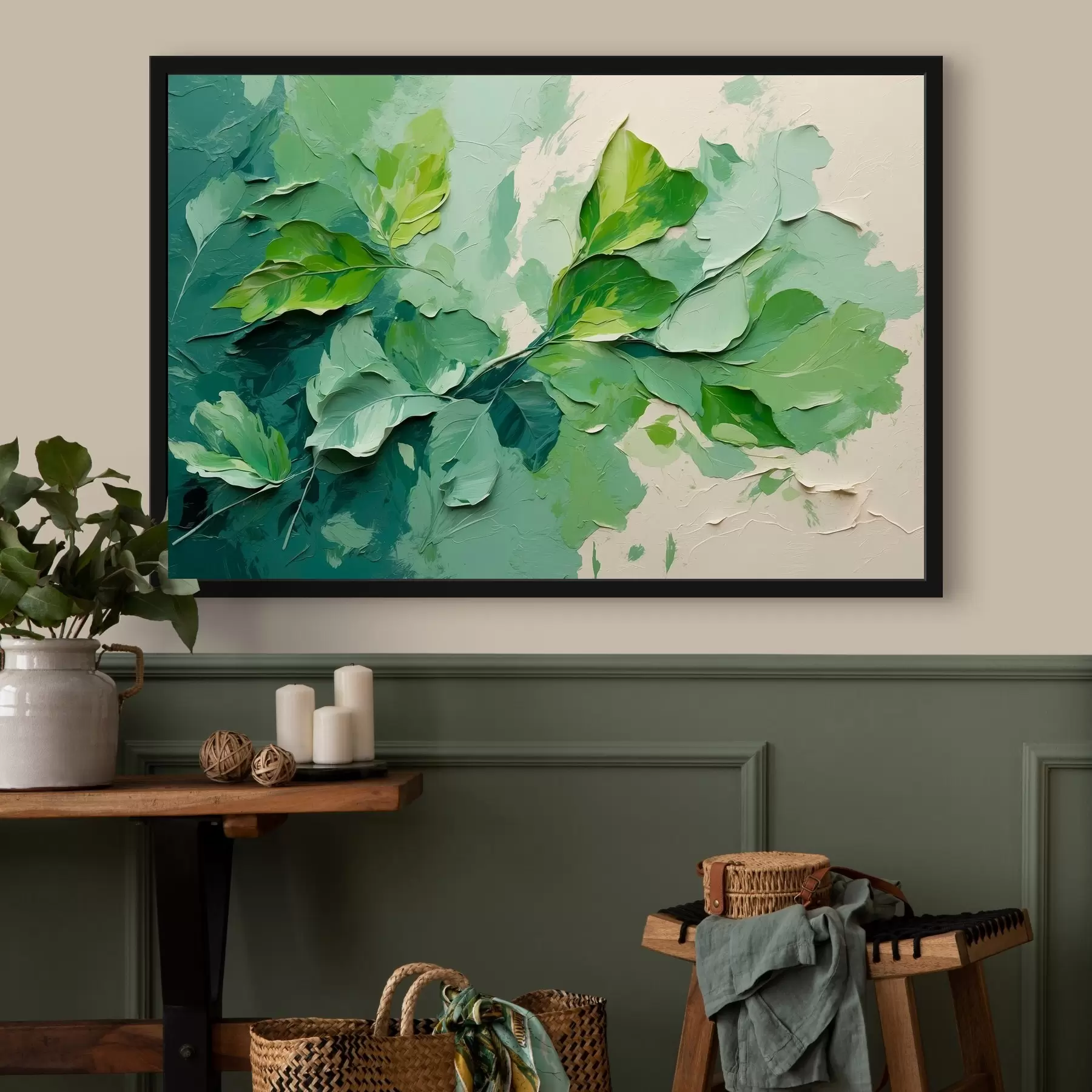 murales de pared Rama con hojas verdes al óleo f44075