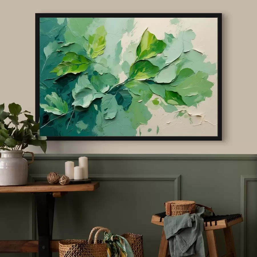 murales de pared Rama con hojas verdes al óleo f44075