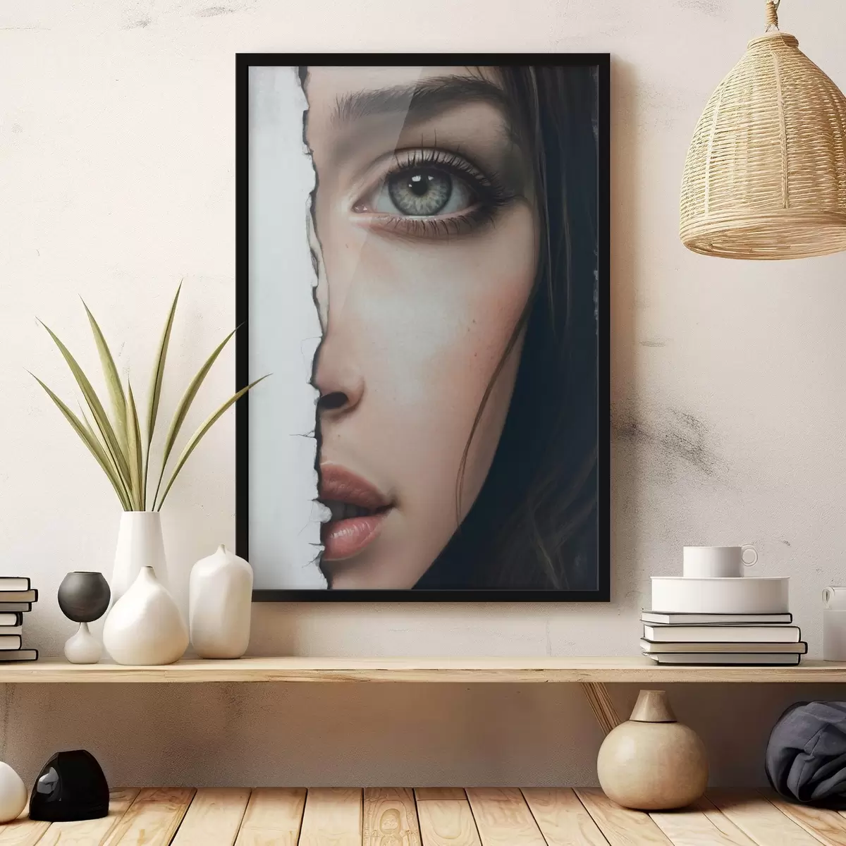 Poster Cara de niña detrás de una pared blanca f44083