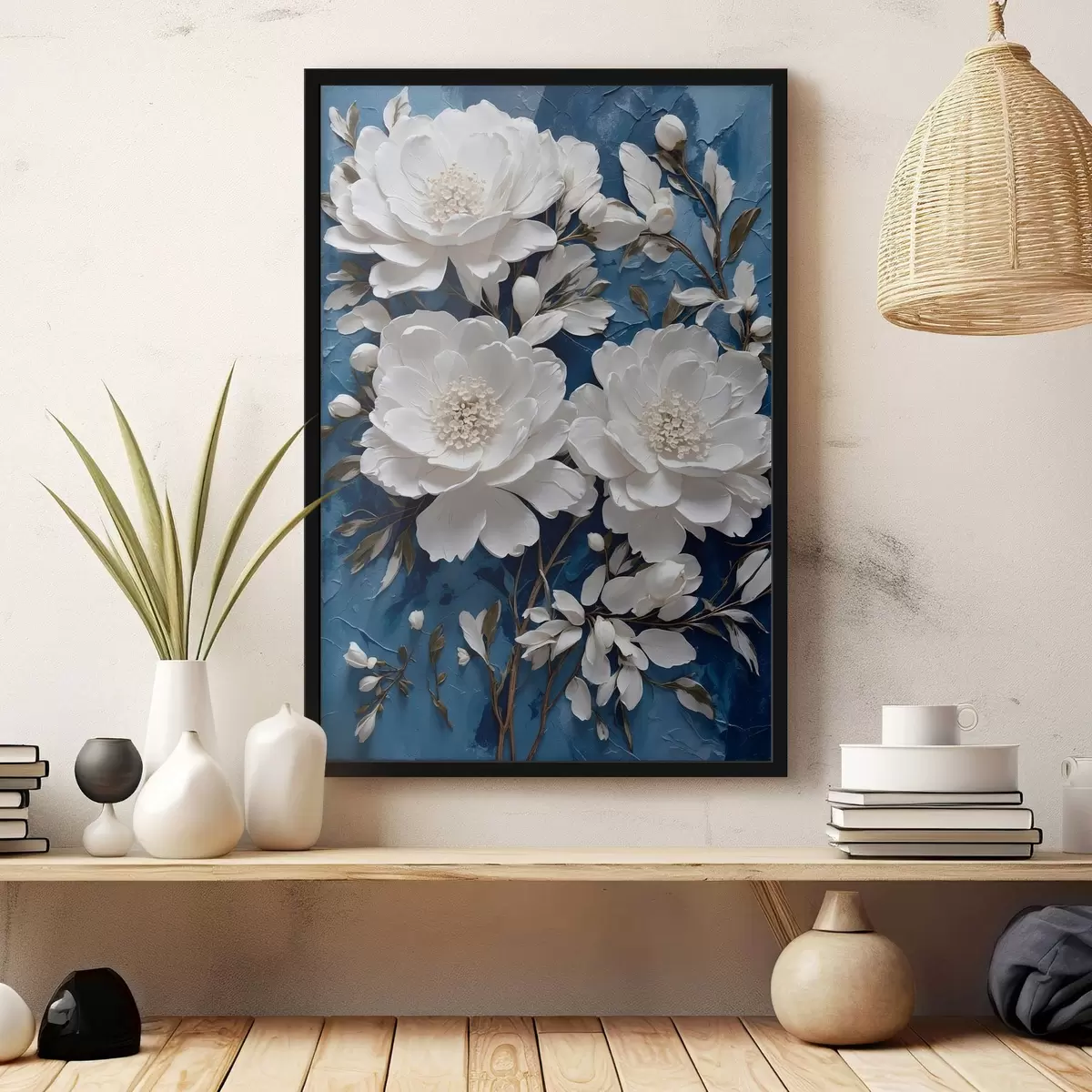 Poster Flores blancas sobre fondo azul al óleo f44091