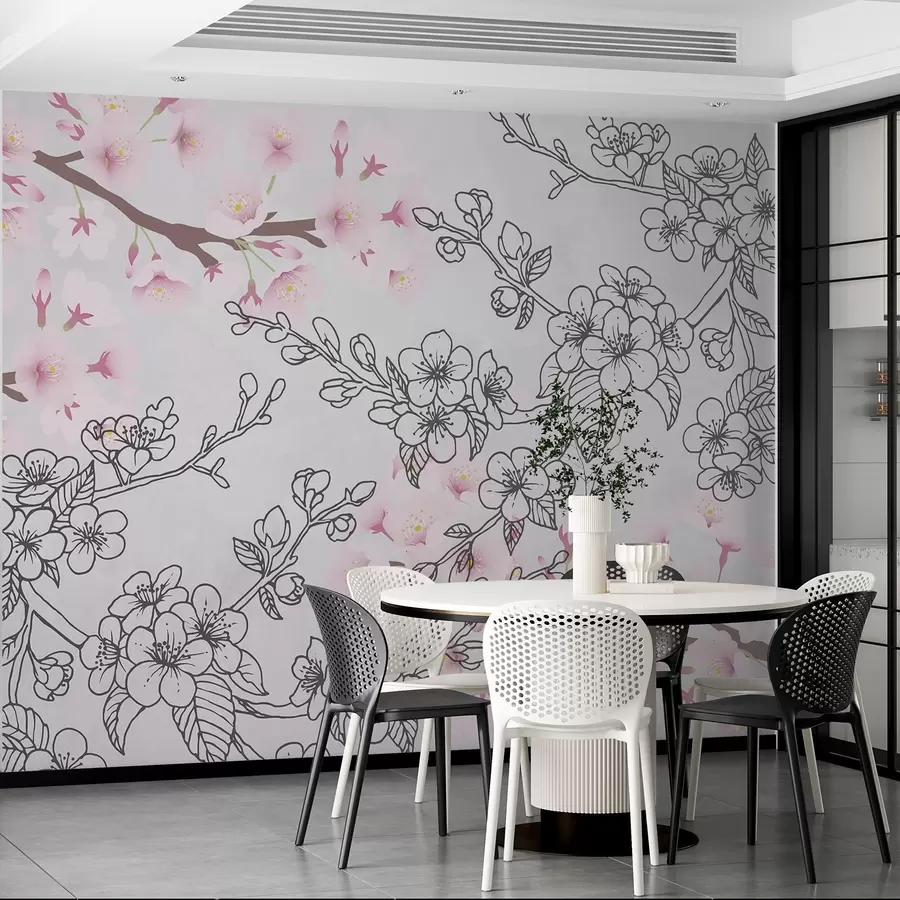 murales de pared Ramas de Sakura dibujadas y coloreadas w03711