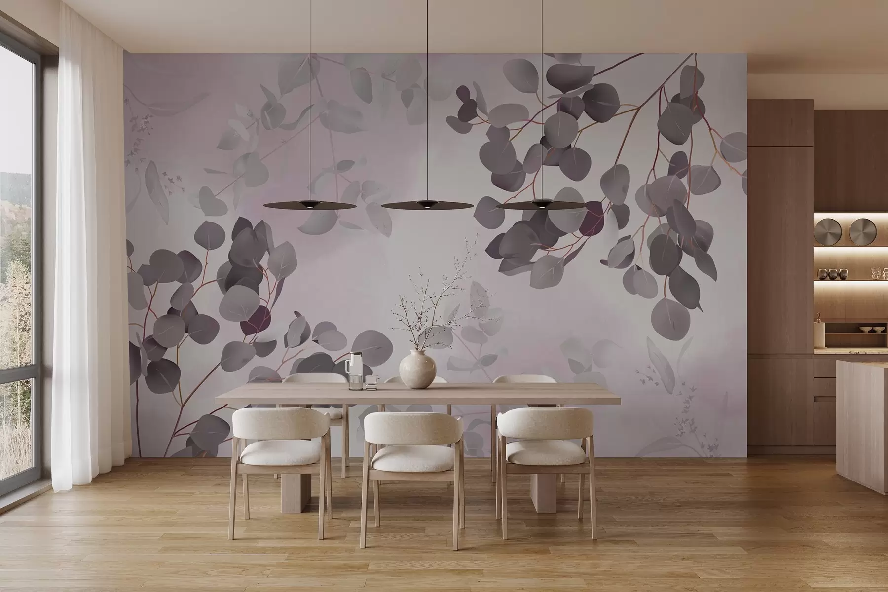 murales de pared Ramas con hojas en tonos rosados w03719v1