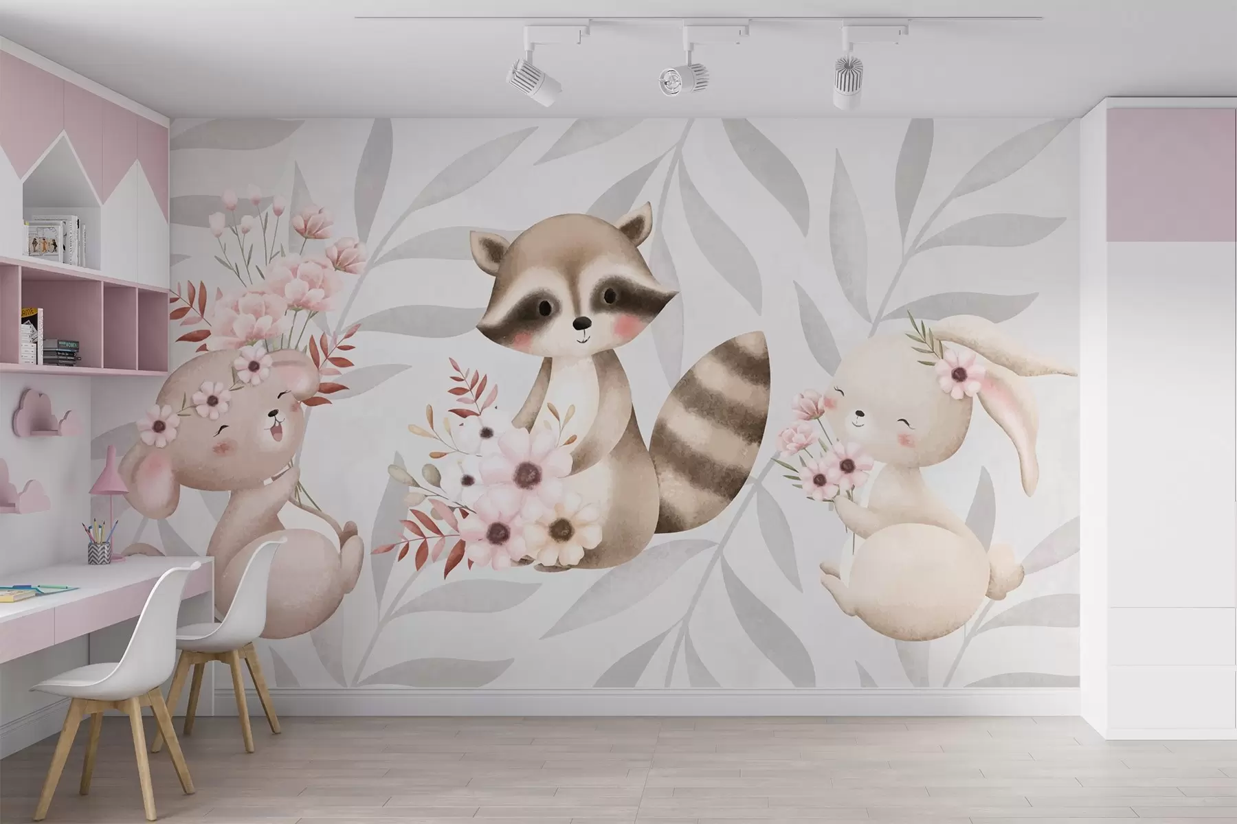 murales de pared Animales del bosque con flores w03861