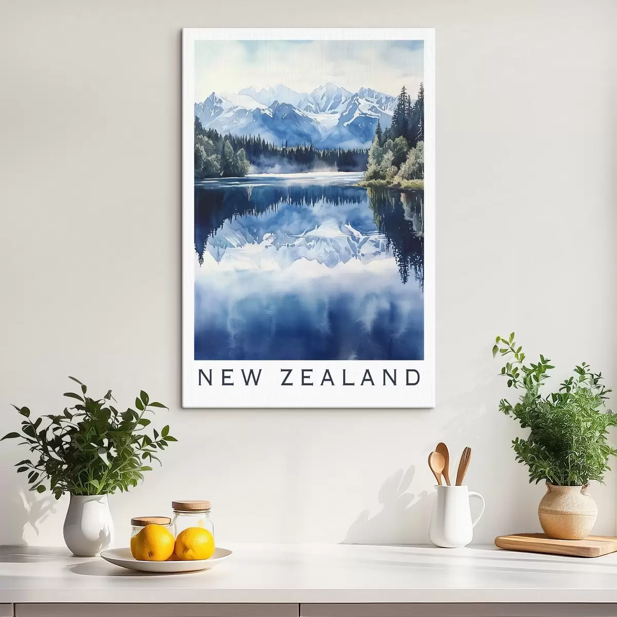 murales de pared Hermosas montañas en Nueva Zelanda, estilo acuarela, lago, bosque s44144