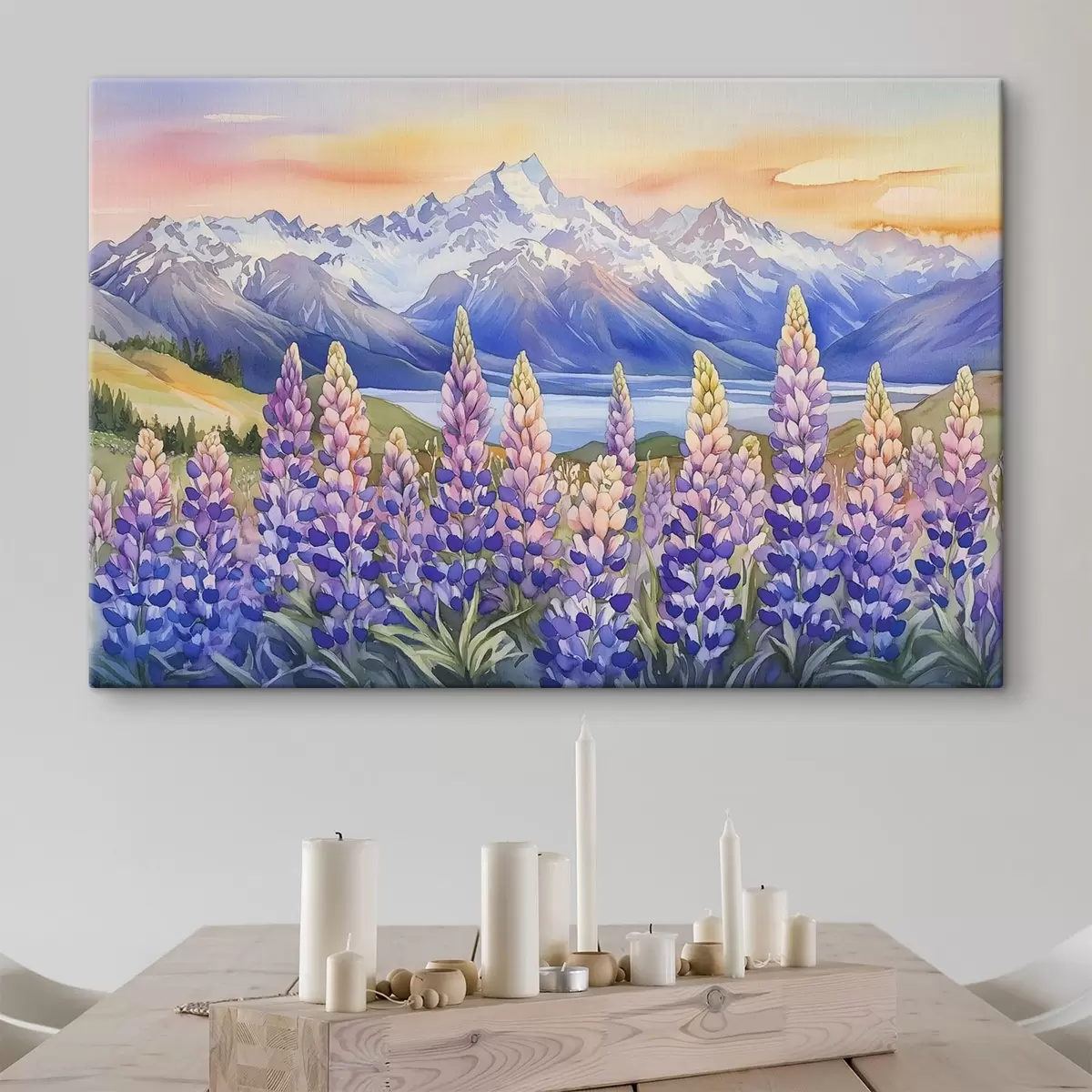 murales de pared Flores de altramuz, prado, montañas, estilo acuarela, cielo al atardecer s44146