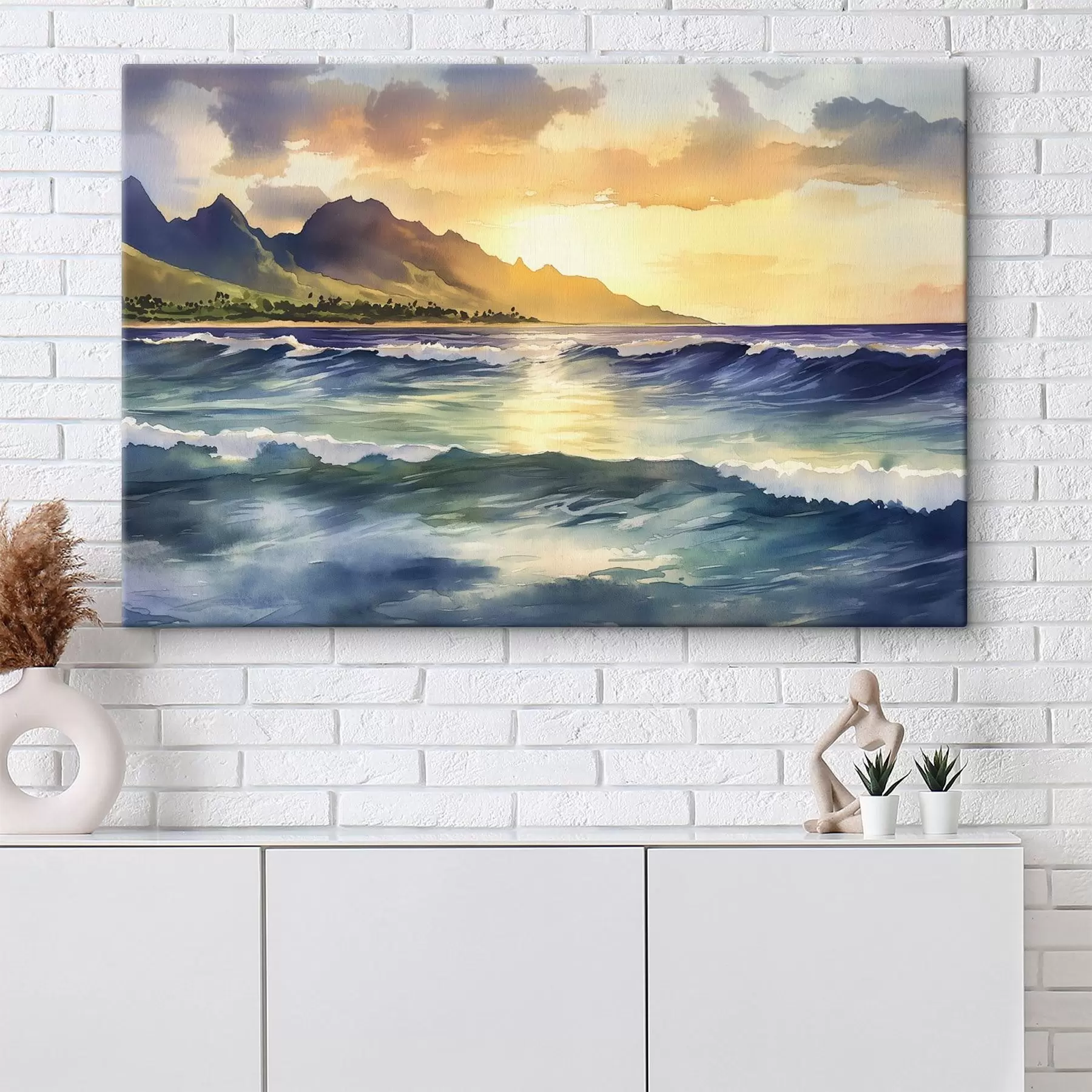 murales de pared Olas del mar, puesta de sol, estilo acuarela, naturaleza s44147