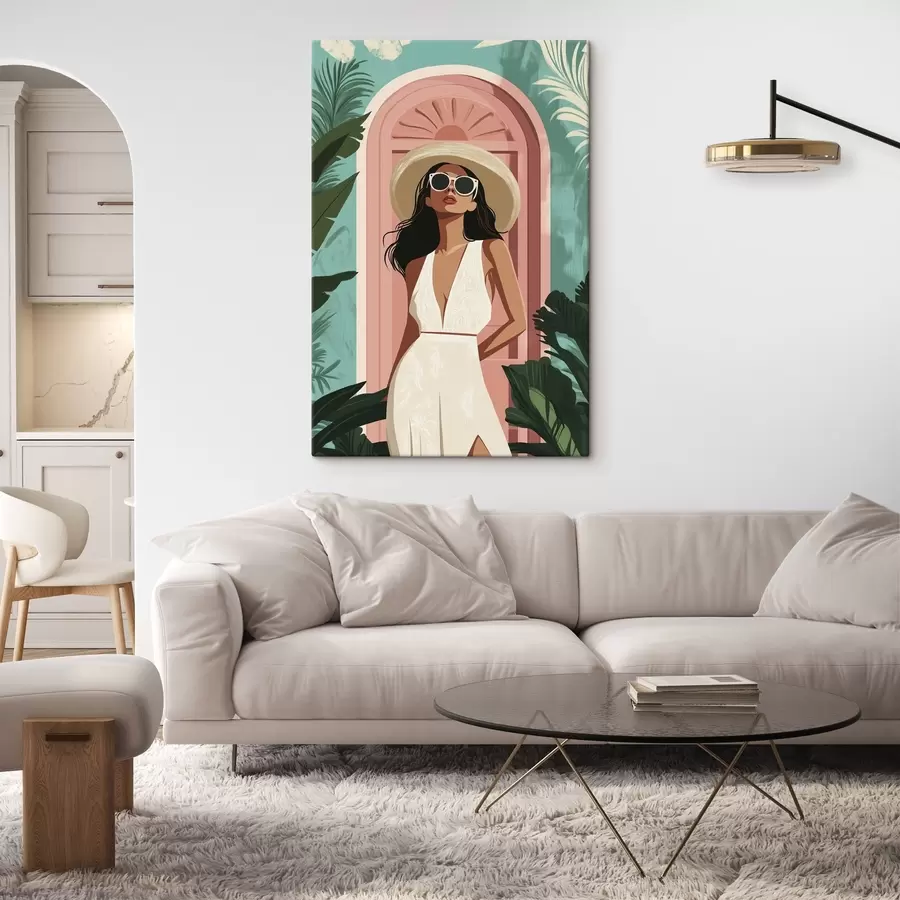 murales de pared Mujer con gafas de sol y sombrero, naturaleza tropical, arquitectura  s44152