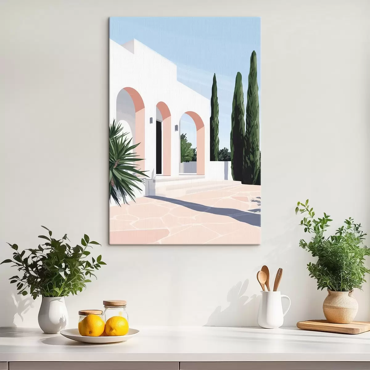 murales de pared Chalet blanco con arcos y jardín tropical, mediterráneo, estilo llano s44153