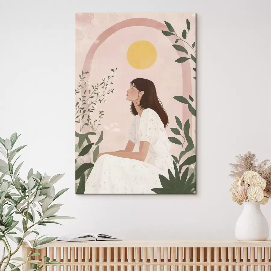 murales de pared Hermosa mujer en el jardín tropical, sol, colores pastel s44155