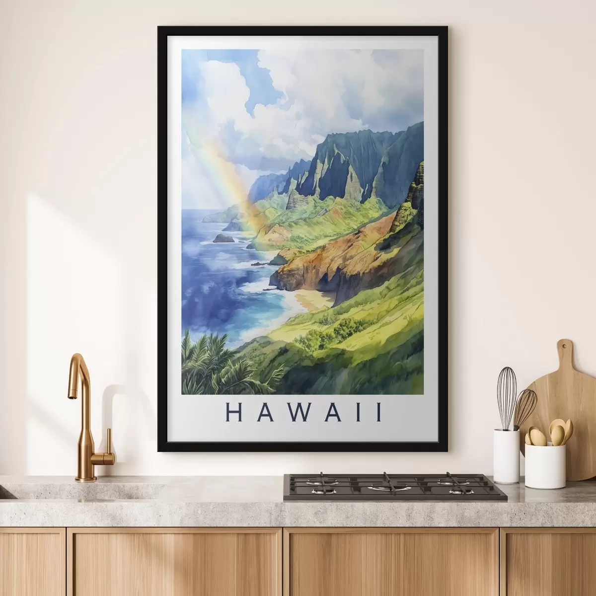 Poster Isla de Hawai, estilo acuarela, arco iris, montañas verdes, océano f44141