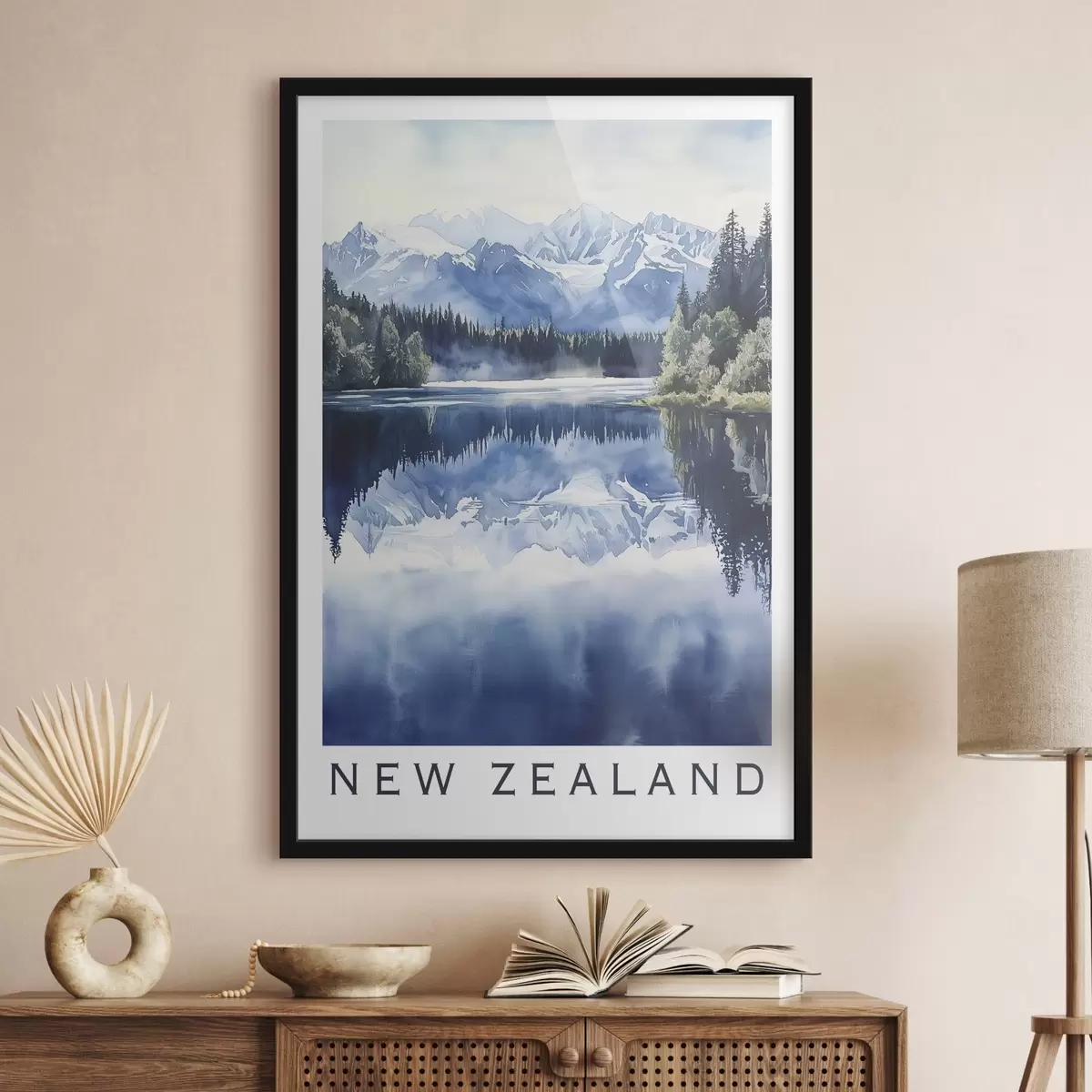 Poster Hermosas montañas en Nueva Zelanda, estilo acuarela, lago, bosque f44144
