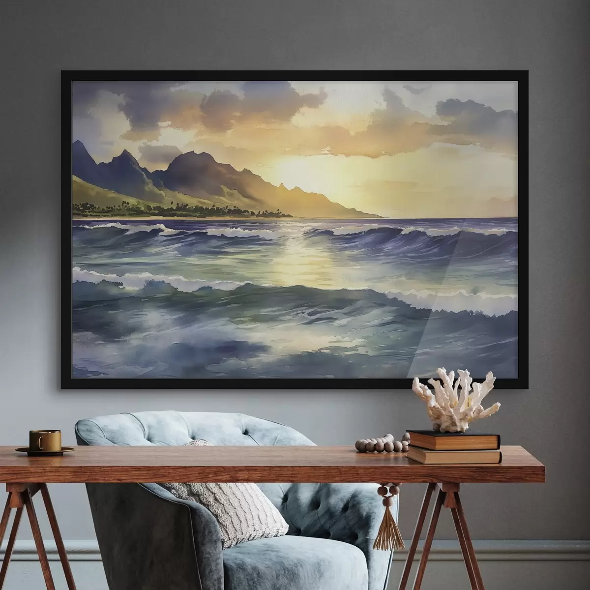 Poster Olas del mar, puesta de sol, estilo acuarela, naturaleza f44147