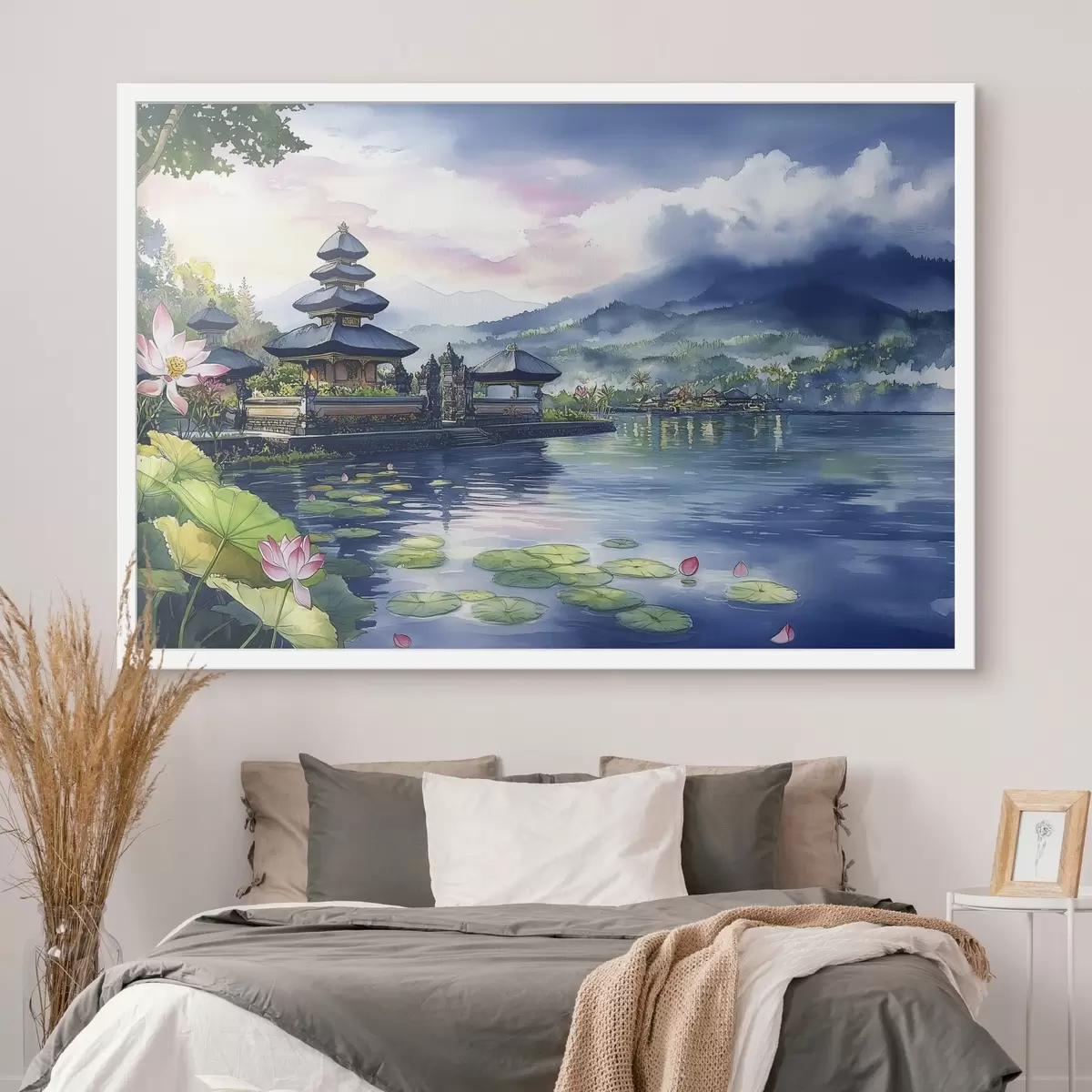 Poster Isla indonesia, templo, budismo, naturaleza tropical, estilo acuarela f44148