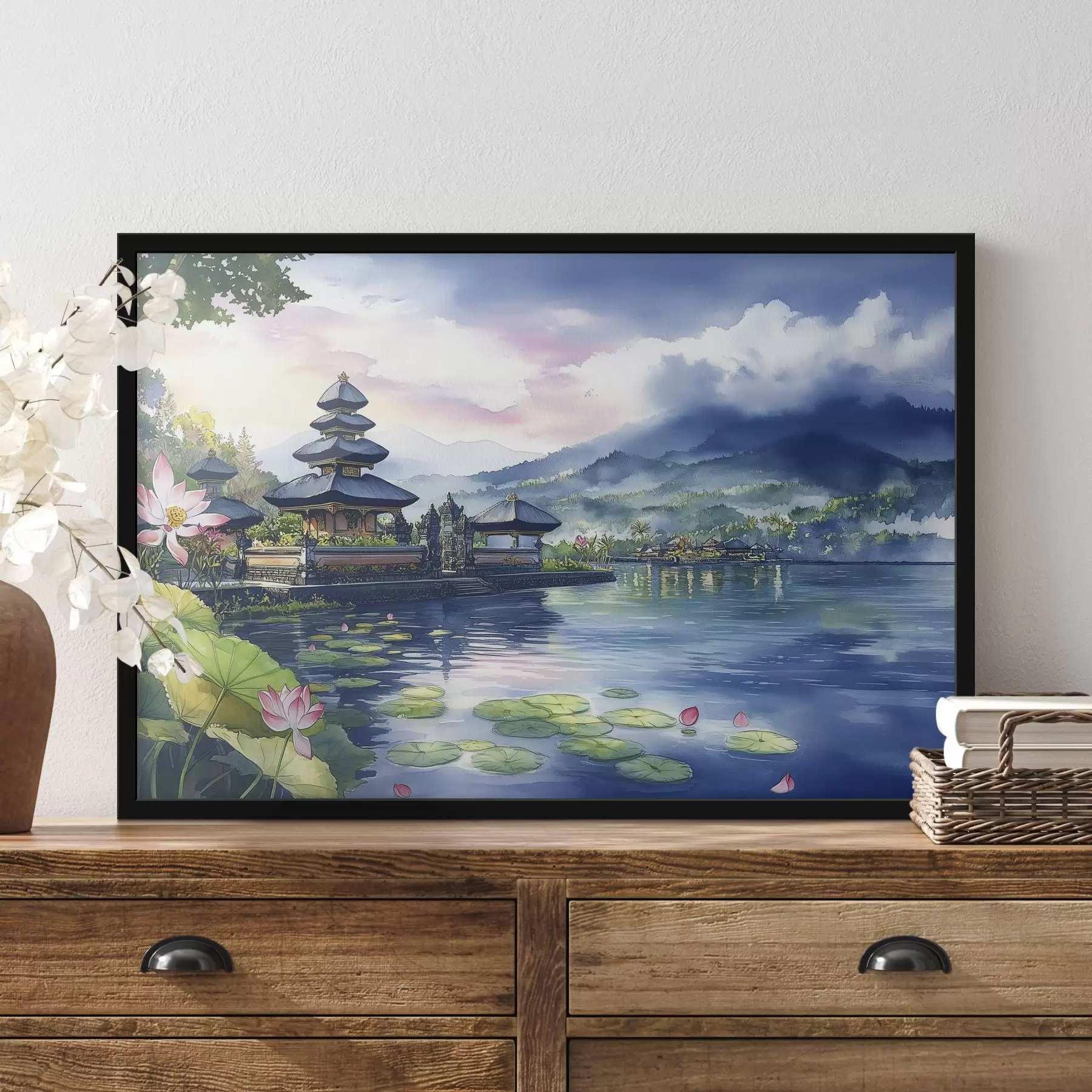 murales de pared Isla indonesia, templo, budismo, naturaleza tropical, estilo acuarela f44148