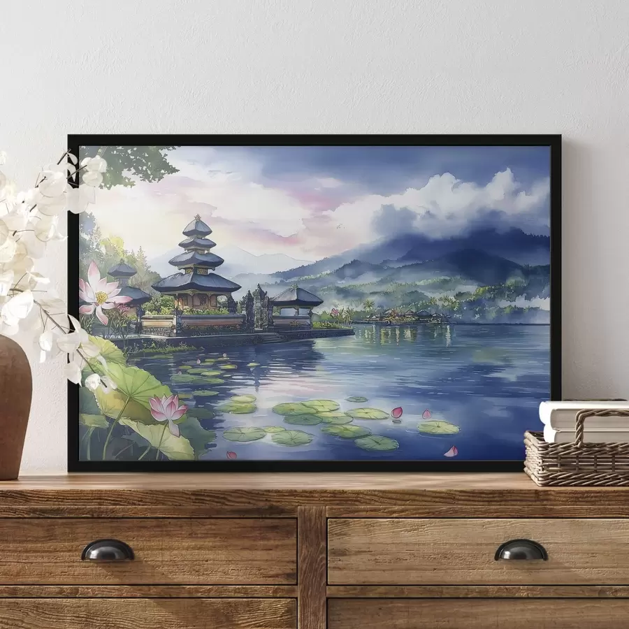 murales de pared Isla indonesia, templo, budismo, naturaleza tropical, estilo acuarela f44148