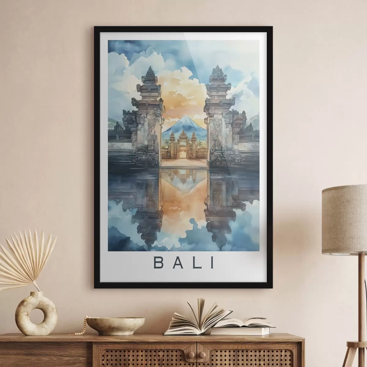 Poster Estética de Bali, templo, cielo al atardecer, naturaleza tropical, estilo acuarela f44149