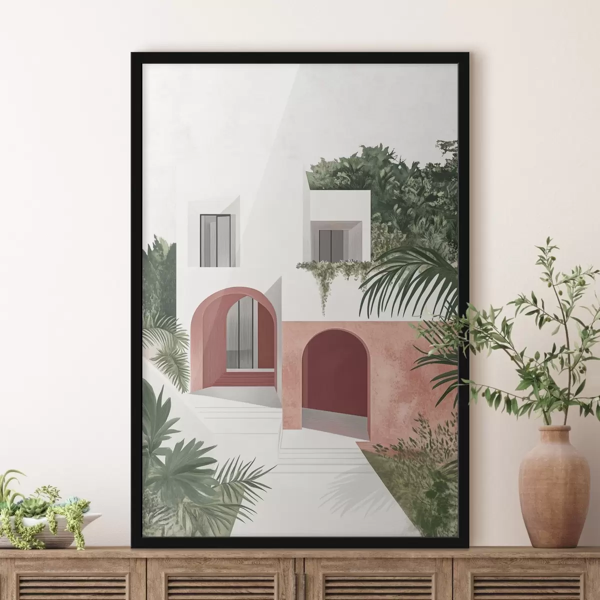 Poster Villa con jardín tropical, estilo mediterráneo, acrílico f44151