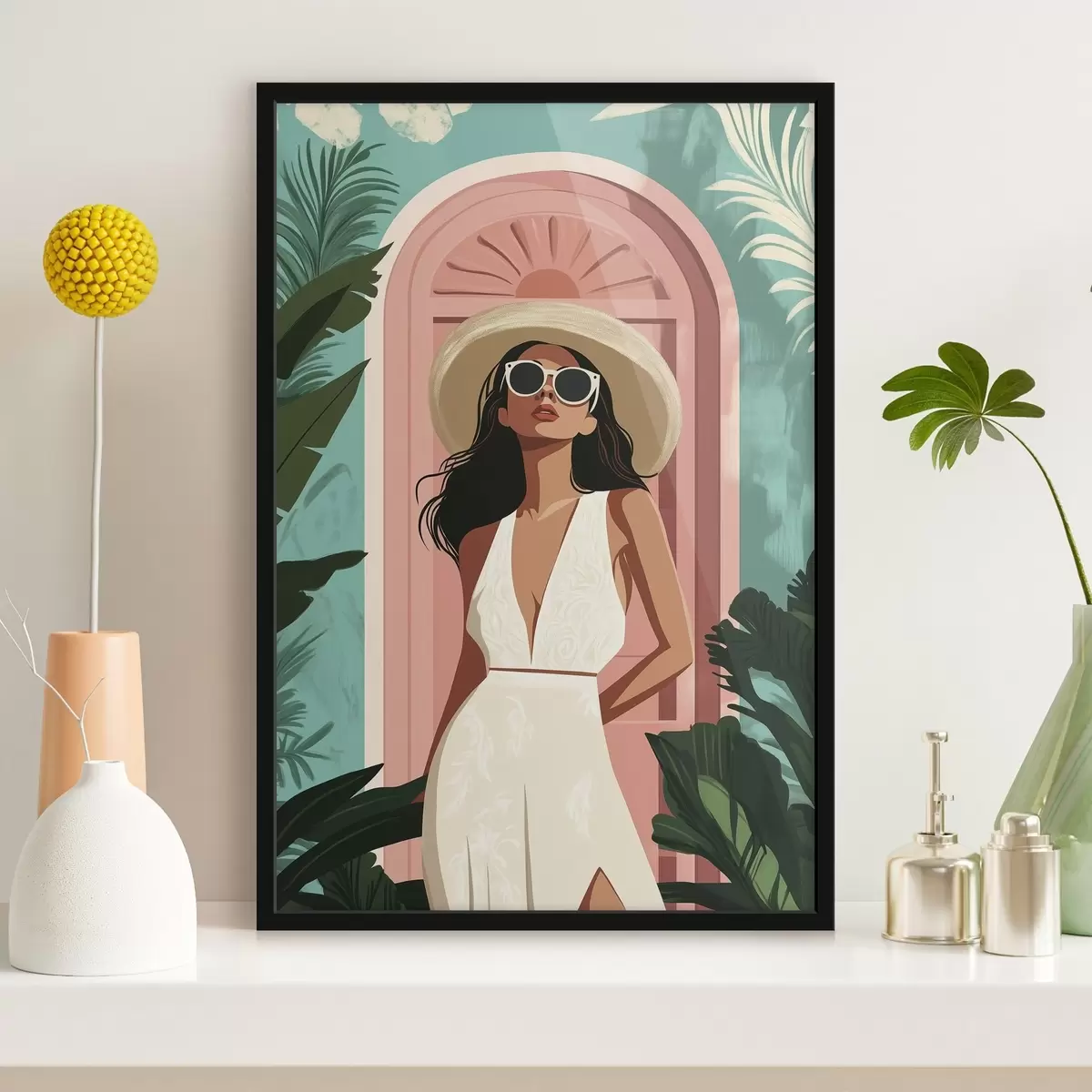 Poster Mujer con gafas de sol y sombrero, naturaleza tropical, arquitectura f44152