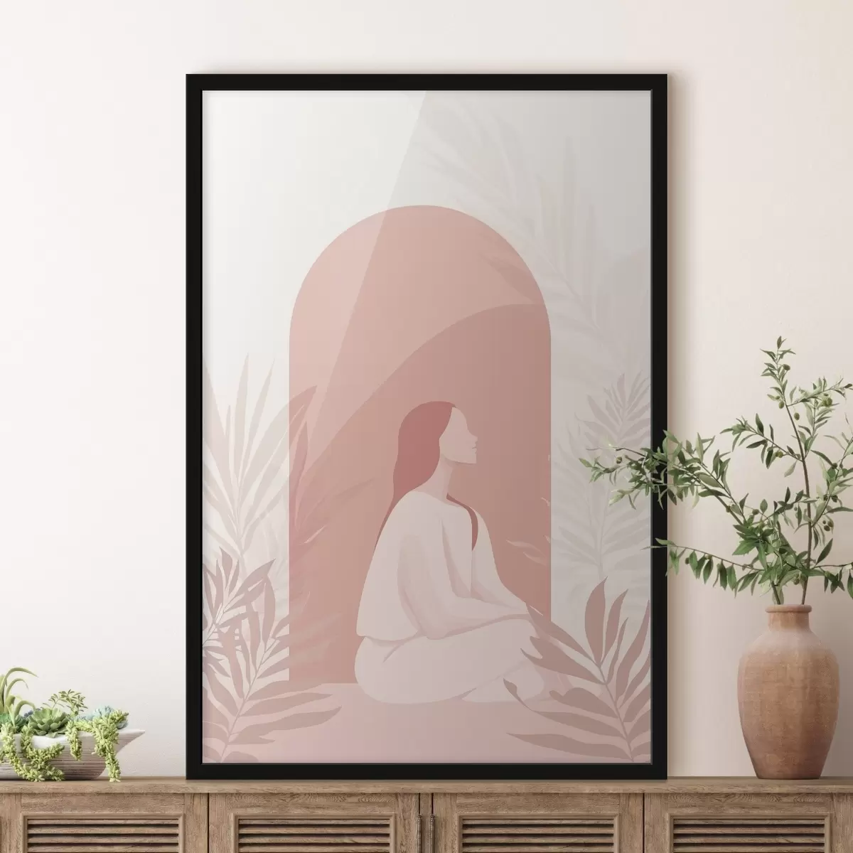 Poster Mujer en meditación, estilo plano, plantas tropicales, colores rosas f44154