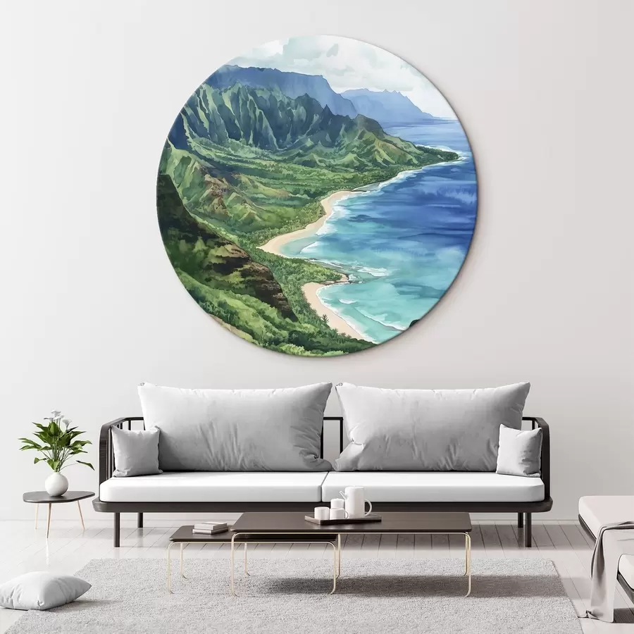 murales de pared Montañas verdes, Hawai, océano, tropical, estilo acuarela r44143