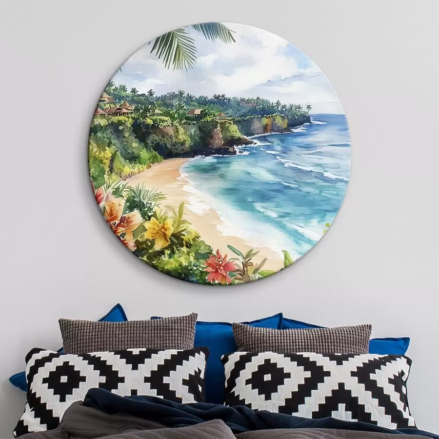 murales de pared Playa tropical, palmeras, flores, estilo acuarela r44145