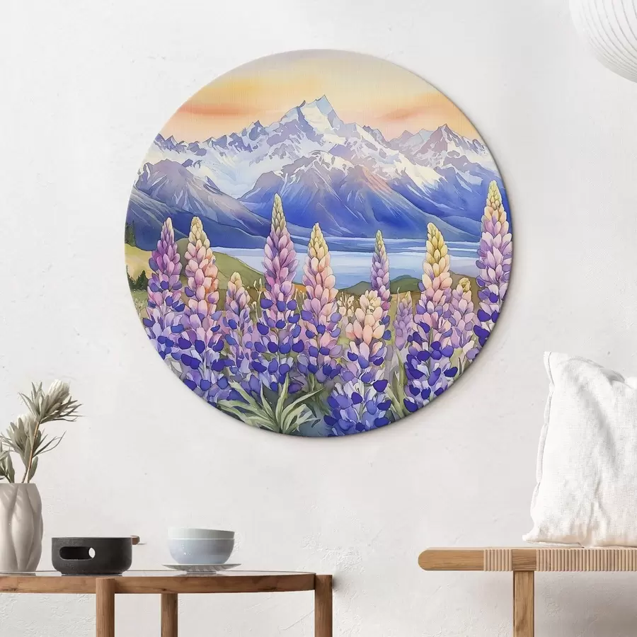 murales de pared Flores de altramuz, prado, montañas, estilo acuarela, cielo al atardecer r44146