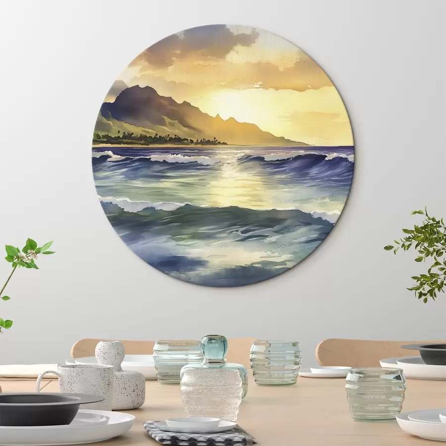 murales de pared Olas del mar, puesta de sol, estilo acuarela, naturaleza r44147