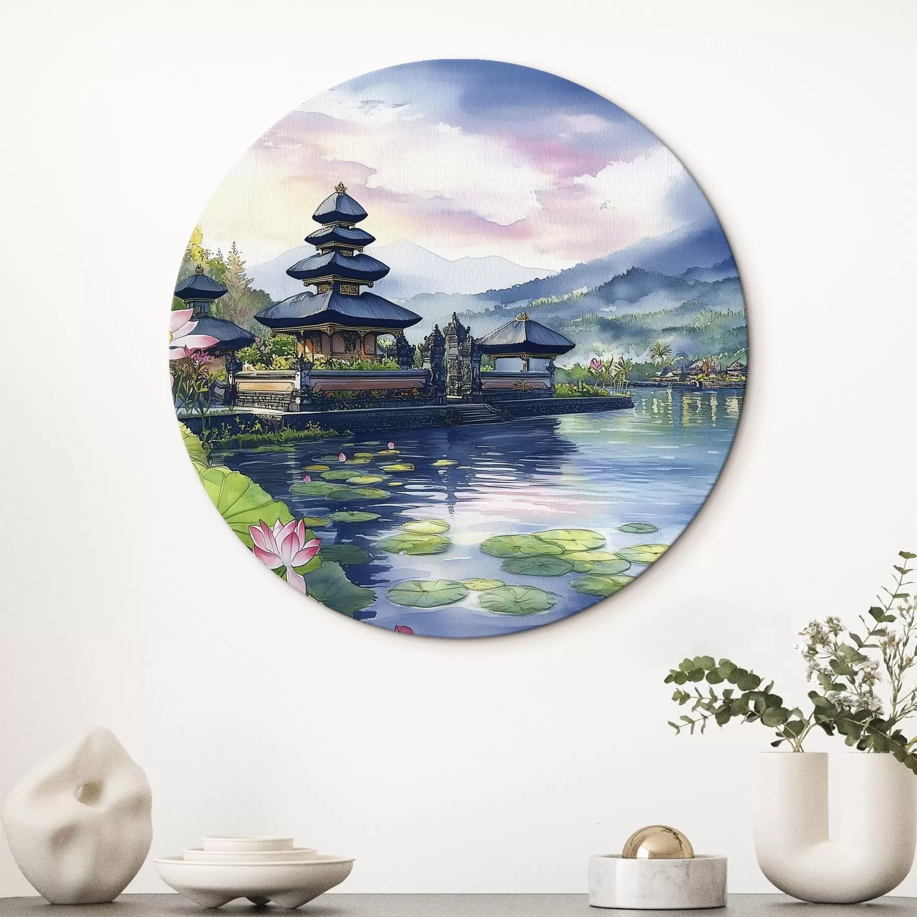 murales de pared Isla indonesia, templo, budismo, naturaleza tropical, estilo acuarela r44148