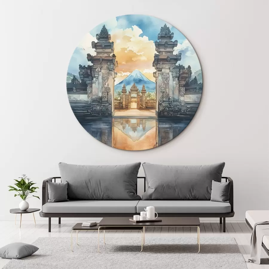 murales de pared Estética de Bali, templo, cielo al atardecer, naturaleza tropical, estilo acuarela r44149