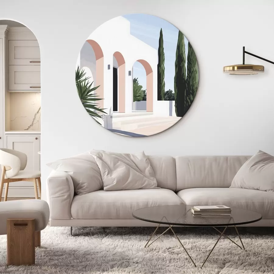 murales de pared Chalet blanco con arcos y jardín tropical, mediterráneo, estilo llano r44153