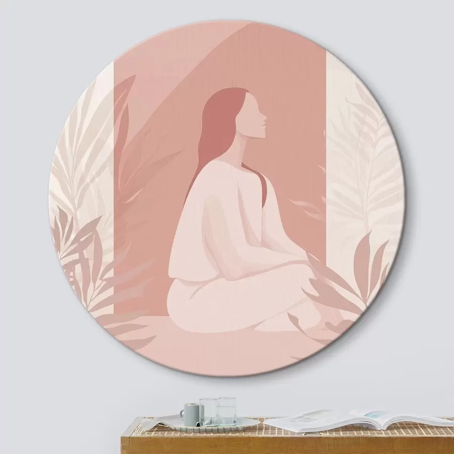 murales de pared Mujer en meditación, estilo plano, plantas tropicales, colores rosas r44154