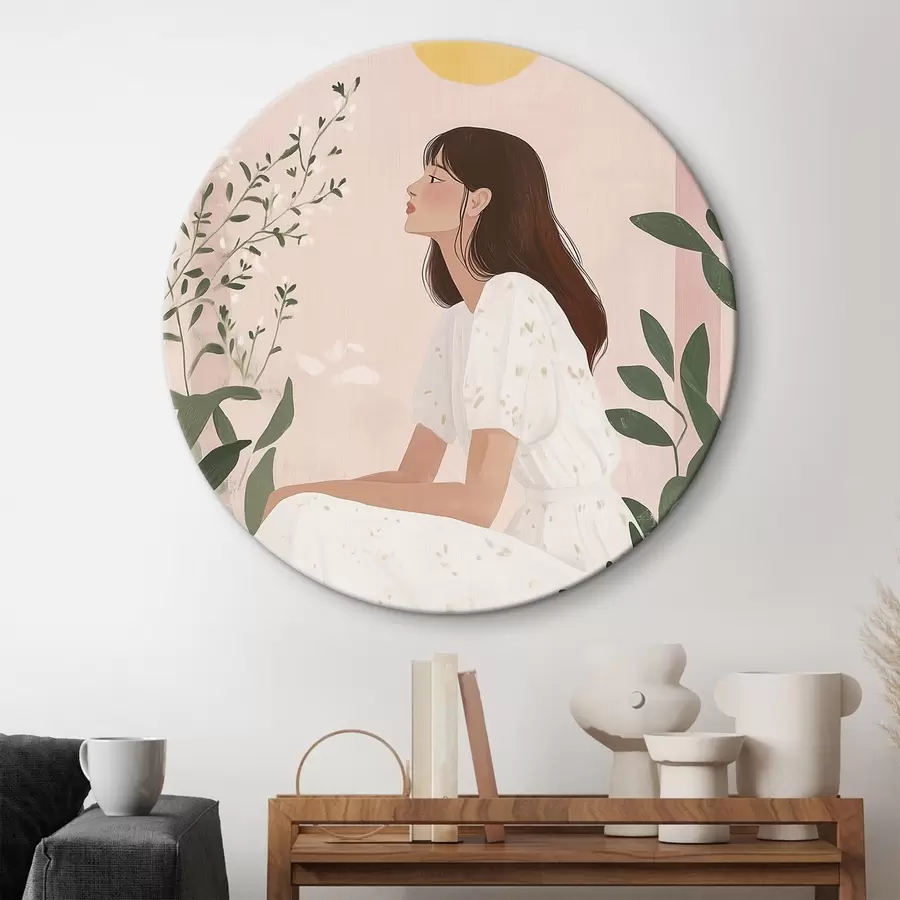 murales de pared Hermosa mujer en el jardín tropical, sol, colores pastel r44155