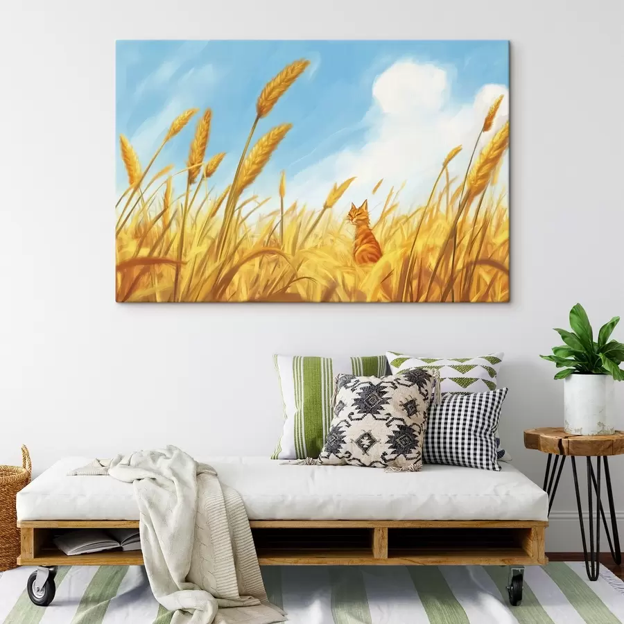 murales de pared Gato en el campo con espigas de trigo s44211