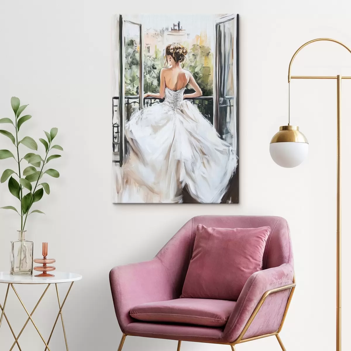 murales de pared Chica con vestido blanco en el balcón s44226