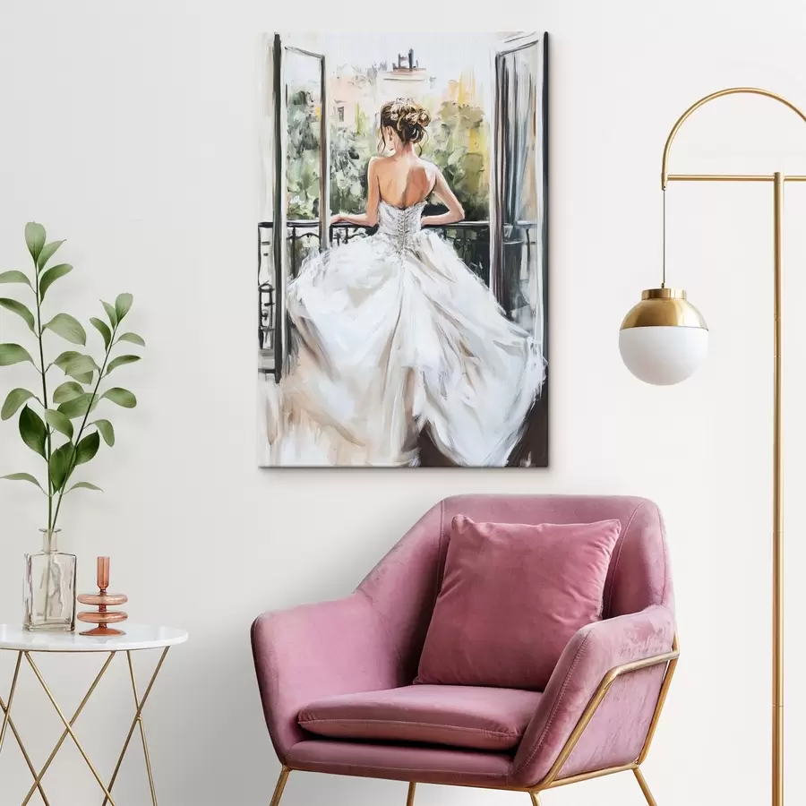 murales de pared Chica con vestido blanco en el balcón s44226