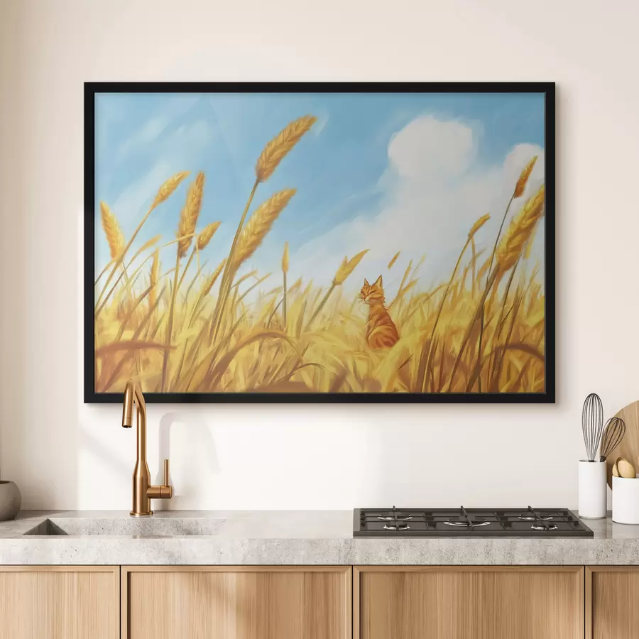 murales de pared Gato en el campo con espigas de trigo f44211