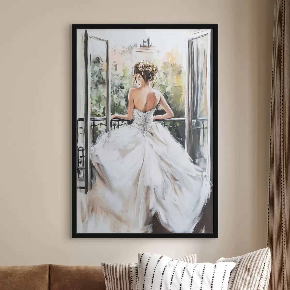 Poster Chica con vestido blanco en el balcón f44226