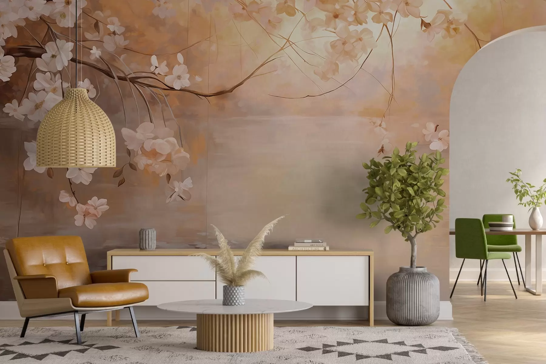 murales de pared Arte abstracto del paisaje con la rama de la flor y las flores blancas que cuelgan sobre un lago, colores pastel suaves w09046