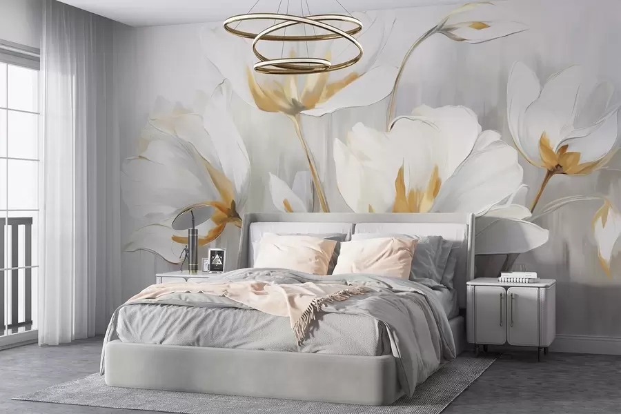 murales de pared Flores abstractas blancas con pétalos y tallos blancos sobre fondo gris con pinceladas verticales grises y blancas  w09047