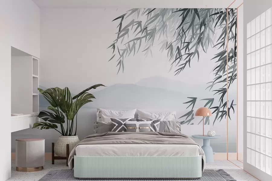 murales de pared Hojas de bambú colgando sobre un lago con montañas al fondo, suaves tonos azules y blancos, estilo de pintura de lavado de tinta w09048