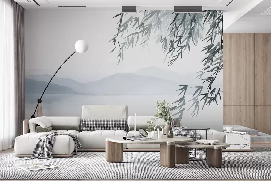 murales de pared Hojas de bambú colgando sobre un lago con montañas al fondo, suaves tonos azules y blancos, estilo de pintura de lavado de tinta w09048