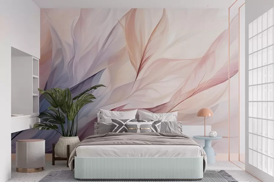 murales de pared Diseño floral abstracto con pétalos que fluyen en tonos pastel de rosa, melocotón y azul, creando una composición suave y de ensueño w09049