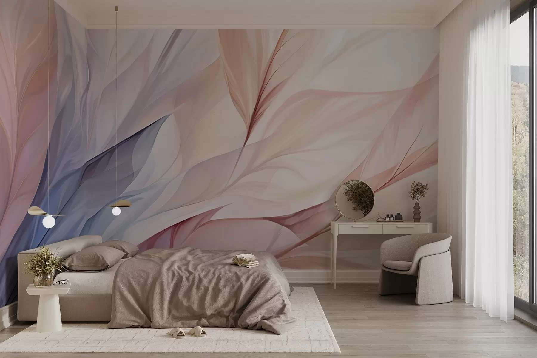 murales de pared Diseño floral abstracto con pétalos que fluyen en tonos pastel de rosa, melocotón y azul, creando una composición suave y de ensueño w09049