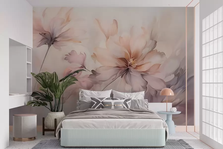 murales de pared Un delicado arte floral con grandes flores de colores pastel con pétalos translúcidos, tallos suaves y un suave fondo difuminado  w09050